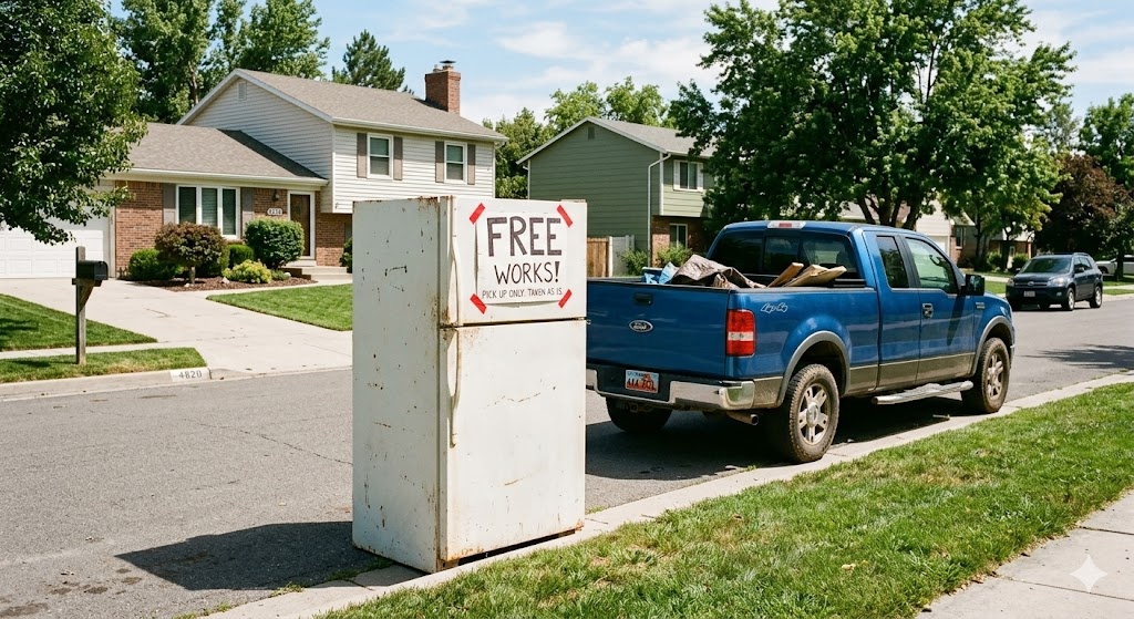 Appliance pickup crew removing a refrigerator from a home