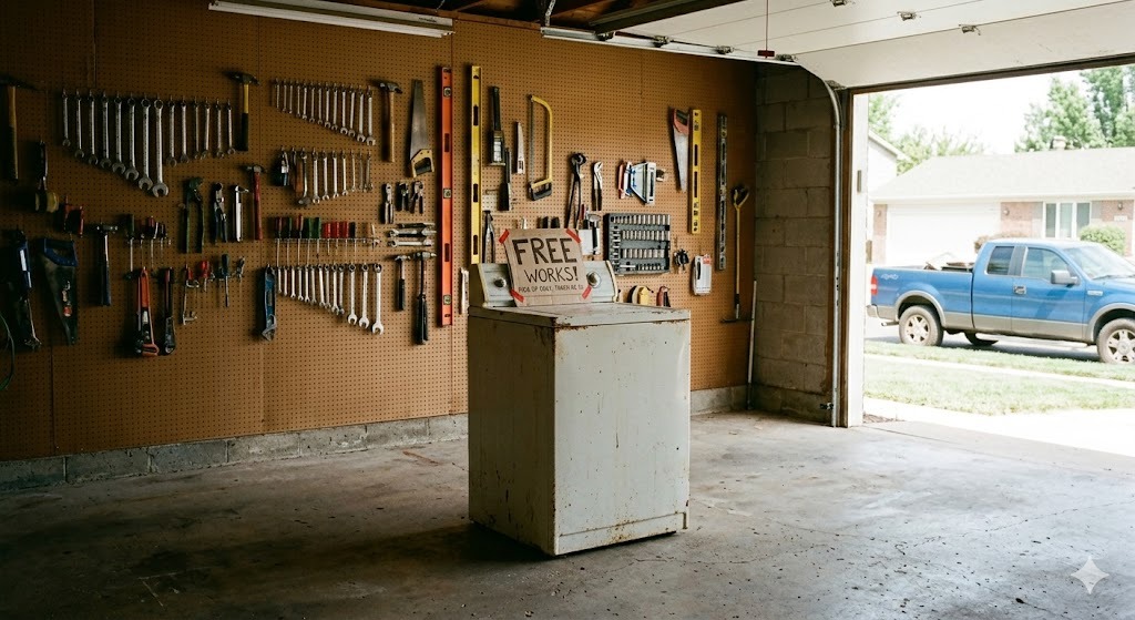 Appliance pickup crew loading a washing machine for removal